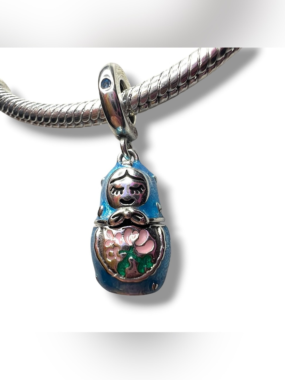 Blue Matryoshka Doll S925 Sterling Silver Pandora Moments Compatible Dangle Char